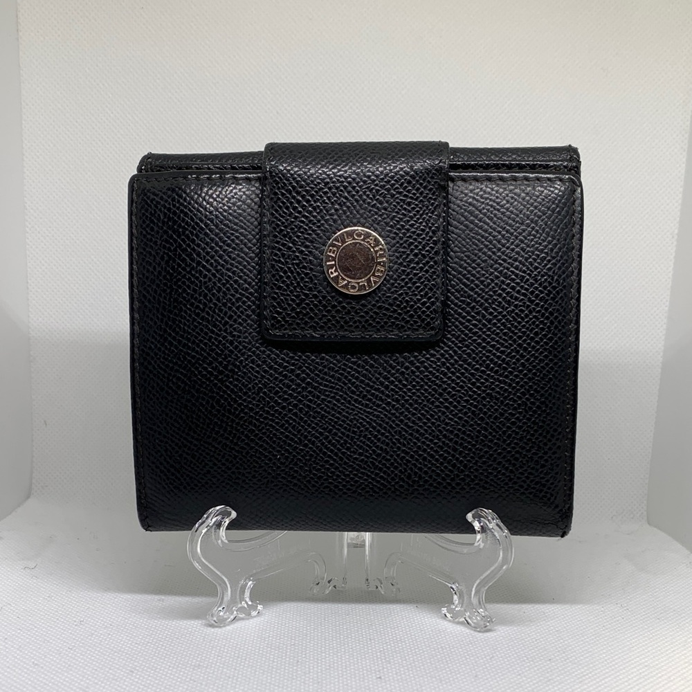 BVLGARI Compact  Wallet Black Textured Heather with Silvertone Logo Accent